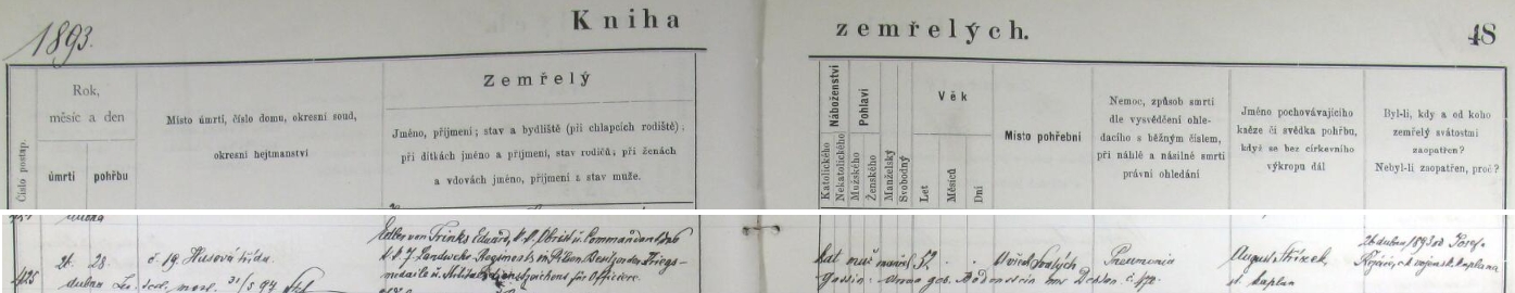 Záznam plzeňské úmrtní matriky o otcově úmrtí 26. dubna 1893 v 52 letech na pneumonii