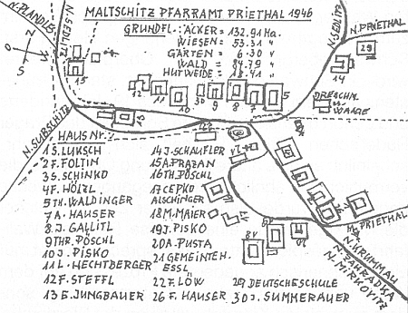 Plánek vsi Malčice s majiteli domů roku 1946 - škola je označena číslem 29