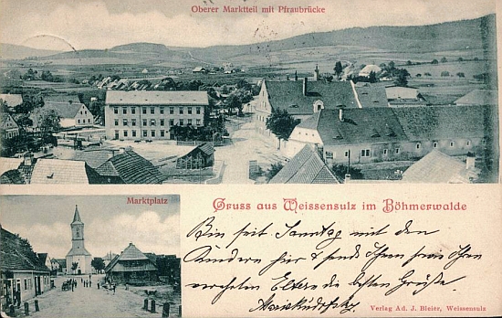 Složená fotografie Bělé nad Radbuzou na pohlednici z přelomu 19. a 20. století