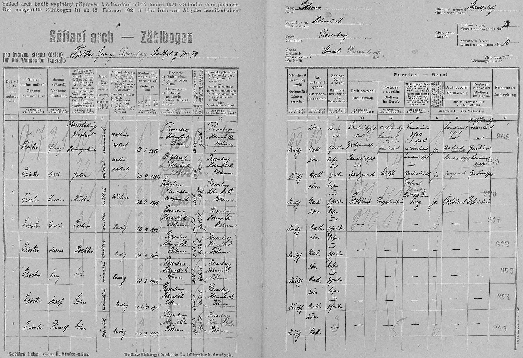 Arch sčítání lidu z roku 1921 pro dům čp. 78 "am Stadtplatz" v Rožmberku nad Vltavou s rodinou Trösterovou