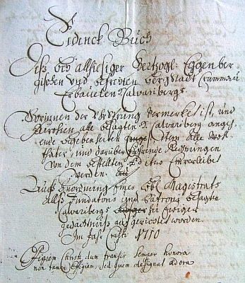 Titulní list rukopisu jeho veršované historie Křížové hory z roku 1710