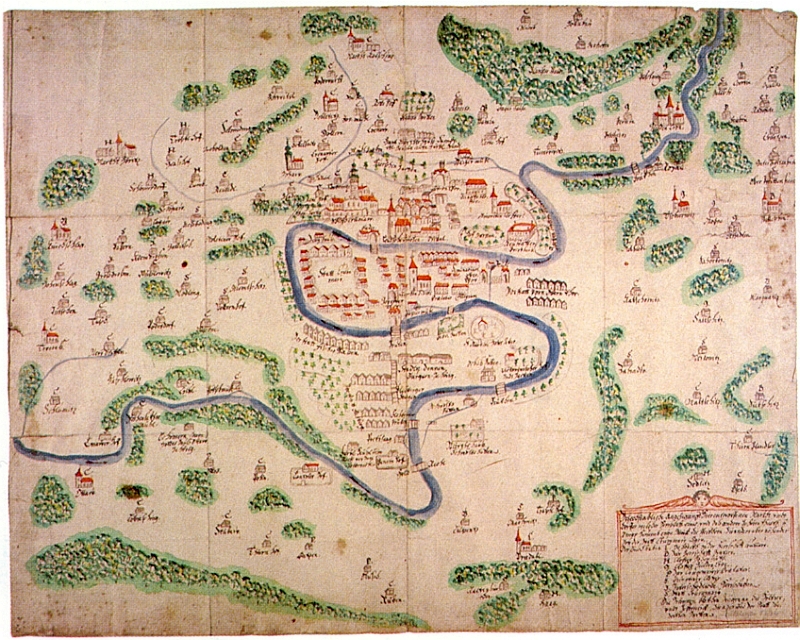 Mapa Českého Krumlova a okolí a panství českokrumlovského i netolického z přelomu 17. a 18. století, jak je uchovává ve fondu Velkostatek Český Krumlov českokrumlovská pobočka Státního oblastního archivu v Třeboni