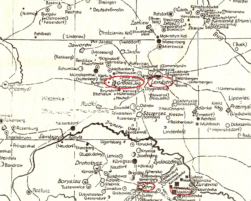 Dnes ukrajinské město Horodok (Grodek) na mapě Haliče blízko Lvova (Lemberg)