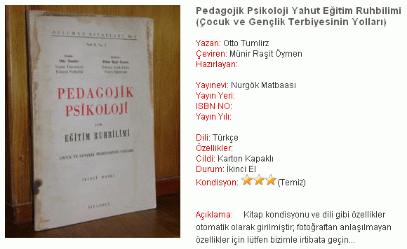 Antikvární nabídka tureckého překladu jeho knihy o pedagogické psychologii, který vyšel v roce 1946