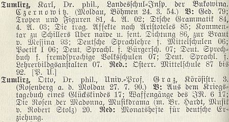 Tady se otec a syn Tumlirzovi ocitli v lexikonu sudetoněmeckých spisovatelů, který vydal Friedrich Jaksch, vedle sebe