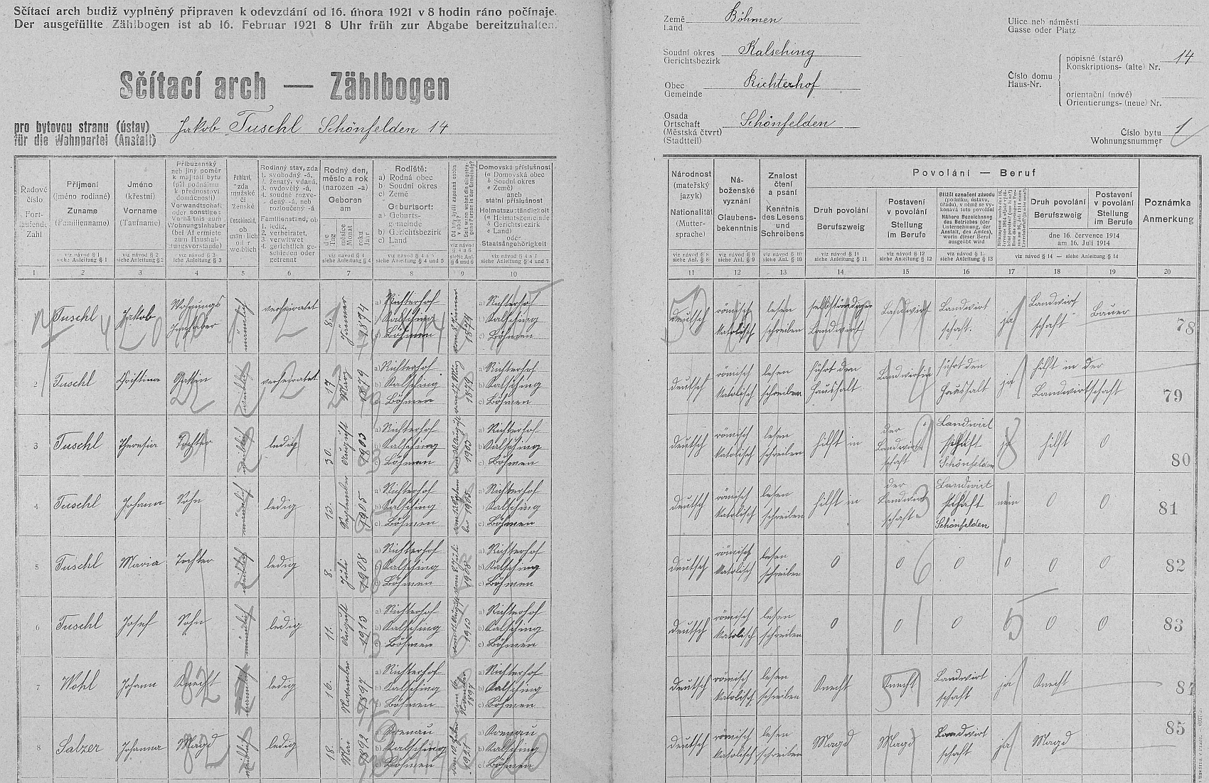 Arch sčítání lidu z roku 1921 pro dům čp. 14 v Osí s jeho rodinou i s ním