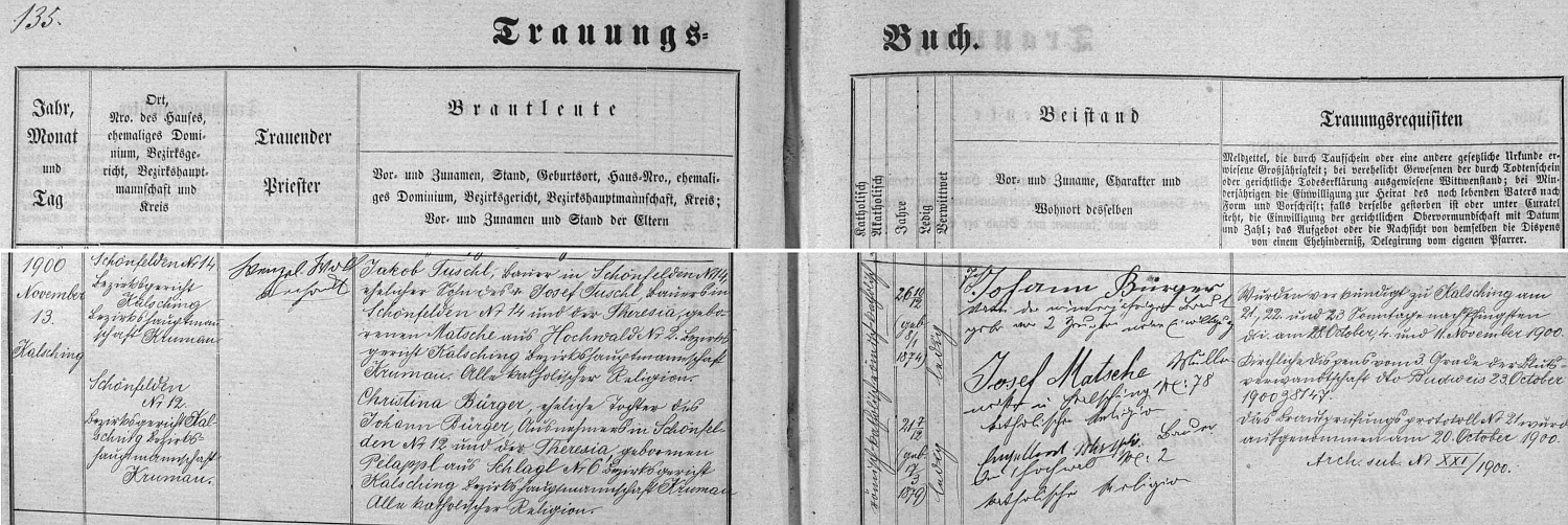 Záznam chvalšinské oddací matriky o svatbě Josefova otce Jakoba Tuschla (*8. ledna 1874) ze zaniklého Osí čp. 14 s Christine Bürgerovou (*17. března 1879) z tamního čp. 12