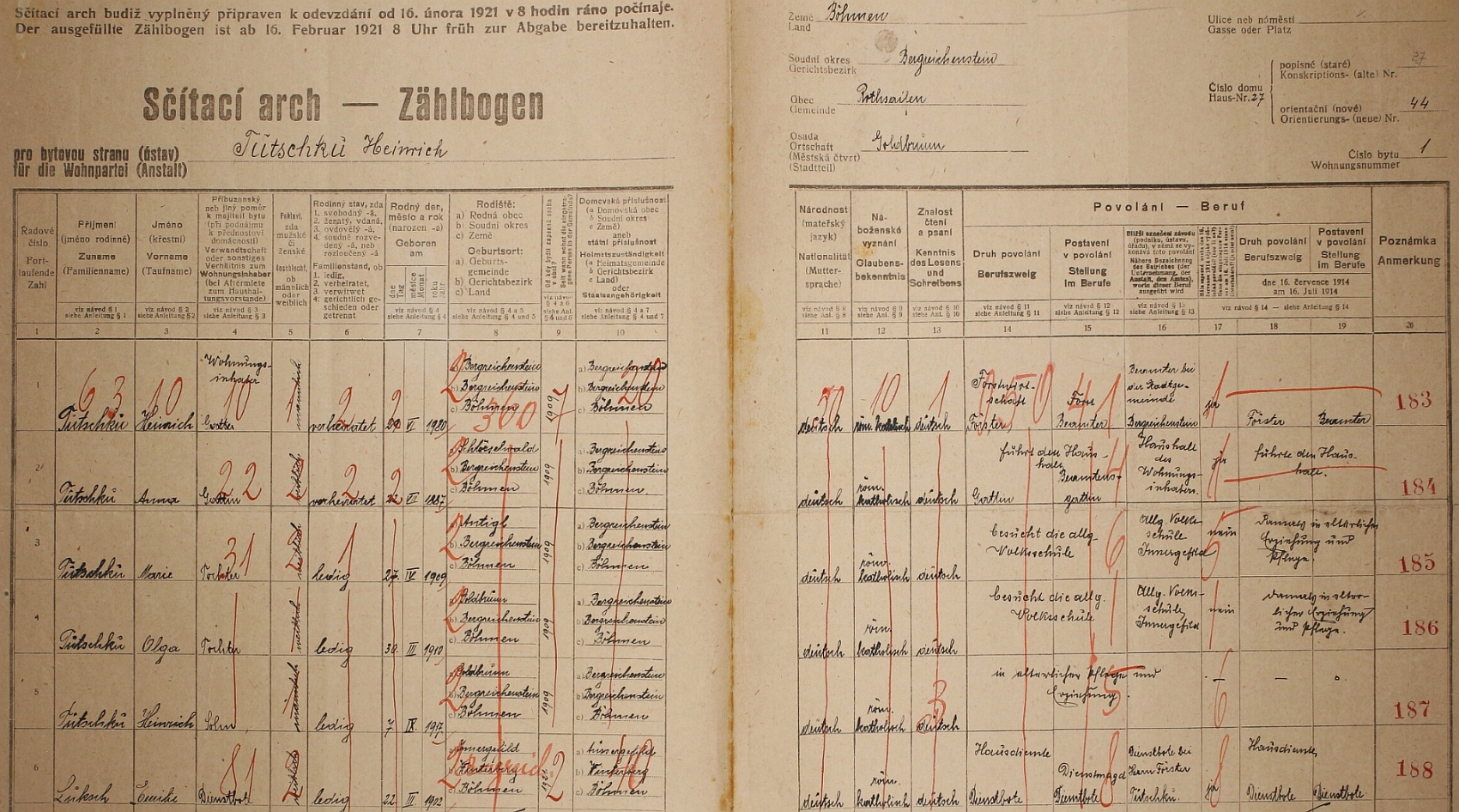 Arch sčítání lidu z roku 1921 pro stavení čp. 27 v Červené, což je ovšem hájovna ve Zlaté Studni