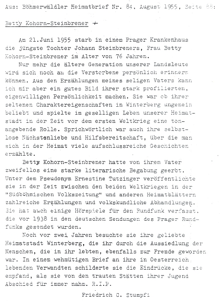 Opis jejího nekrologu z krajanského časopisu Böhmerwäldler Heimatbrief,
který tam napsal v roce 1955 Friedrich C. Stumpfi