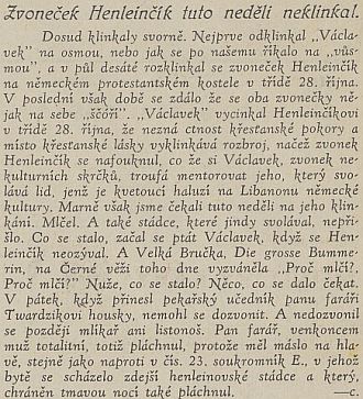 Peprný sloupek v Jihočeských listech ze září roklu 1938, kde se dočítáme i o českém označení zvonu "die große Bummerin" - znělo Velká Bručka