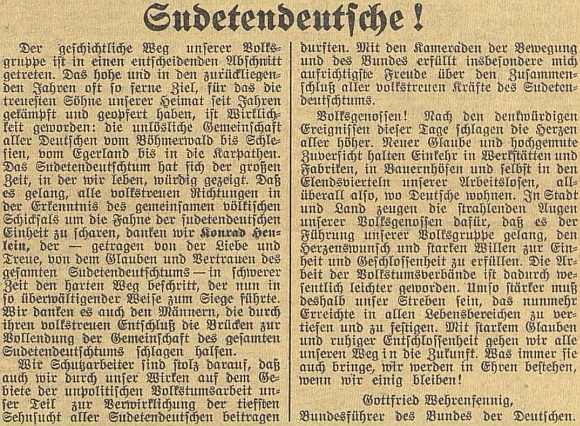 Výzva k jednotě sudetských Němců z března roku 1938, pod níž se podepsal evangelický farář Wehrenfennig ze severočeských Trnovan (Turn), svědčí o vlivu "německé" církve "od Šumavy do Slezska, od Chebska do Karpat" v národně socialistickém duchu