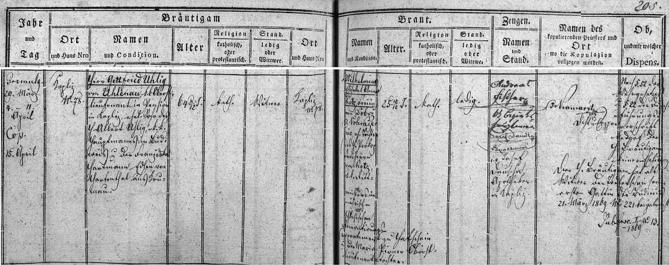 Záznam kaplické oddací matriky o jeho druhé svatbě s udáním ženichova stáří, které je, jak vyplývá z archivního dobrozdání, v rozporu s odvodním listem z roku 1818, kde je uveden věrohodnější údaj
