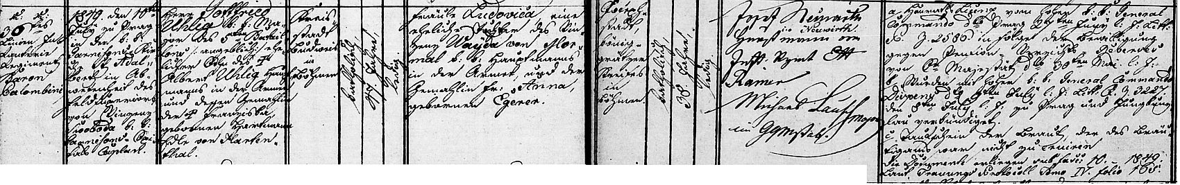 Záznam oddací matriky o jeho první svatbě v pražském kostele sv. Vojtěcha v Jirchářích 10. července roku 1849 s Ludovikou Waydovou, která zemřela v roce 1854