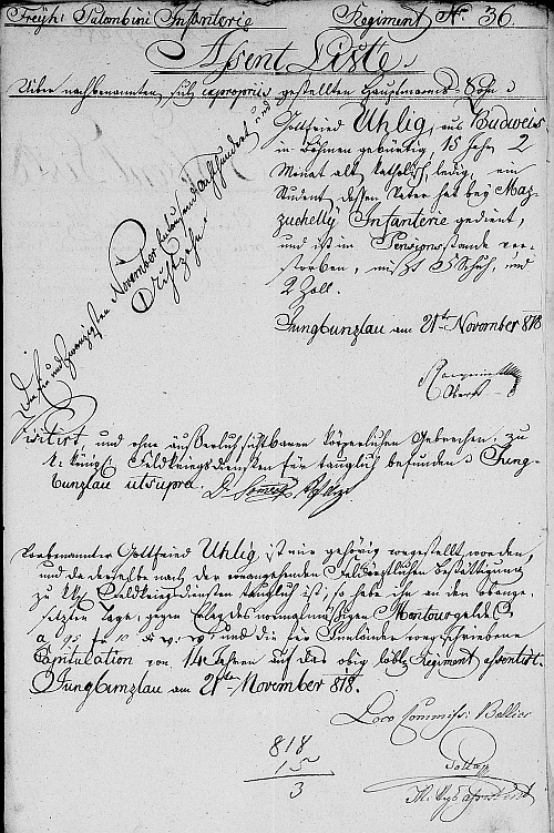 Assent-Liste, tj. odvodní lístek, datovaný 21. listopadem roku 1818 v Mladé Boleslavi, který uvádí místo brancova původu a jeho věk 15 let a 2 měsíce, což odpovídá pravděpodobnému datu narození v září nebo říjnu 1803