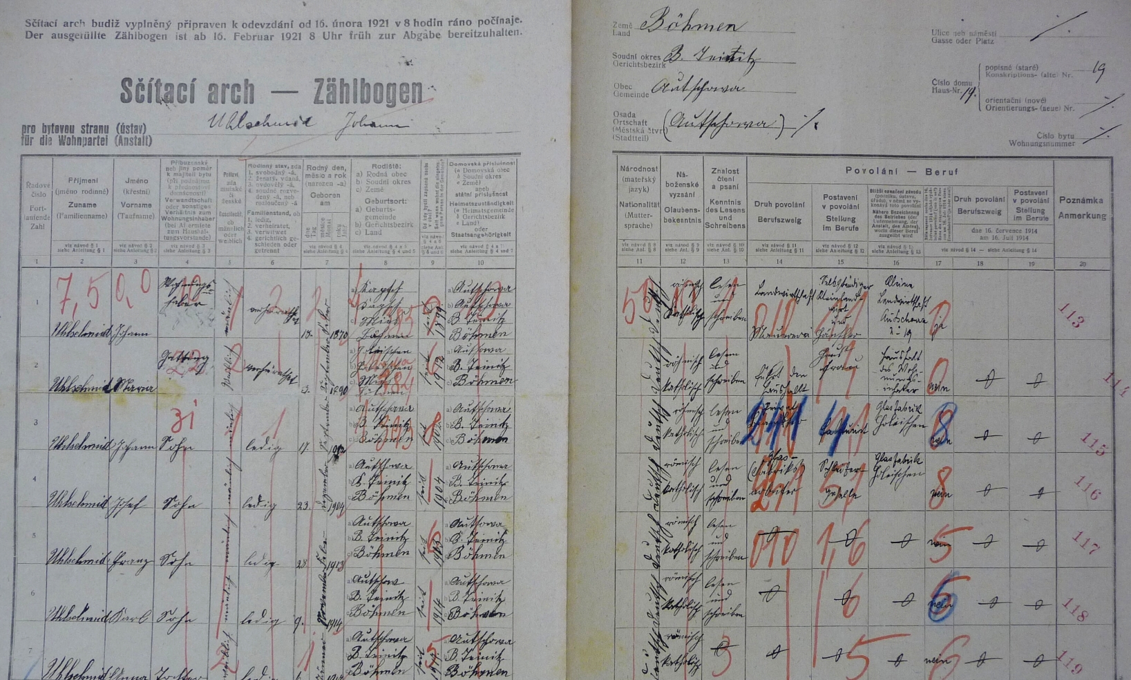 Arch sčítání lidu z roku 1921 pro dům čp. 19 v Ohučově s rodinou Uhlschmiedovou včetně Karla