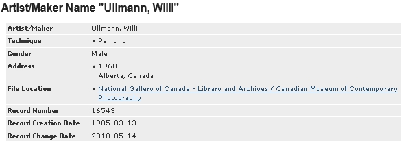 Záznam, evidující Williho Ullmanna z Alberty jako kanadského malíře