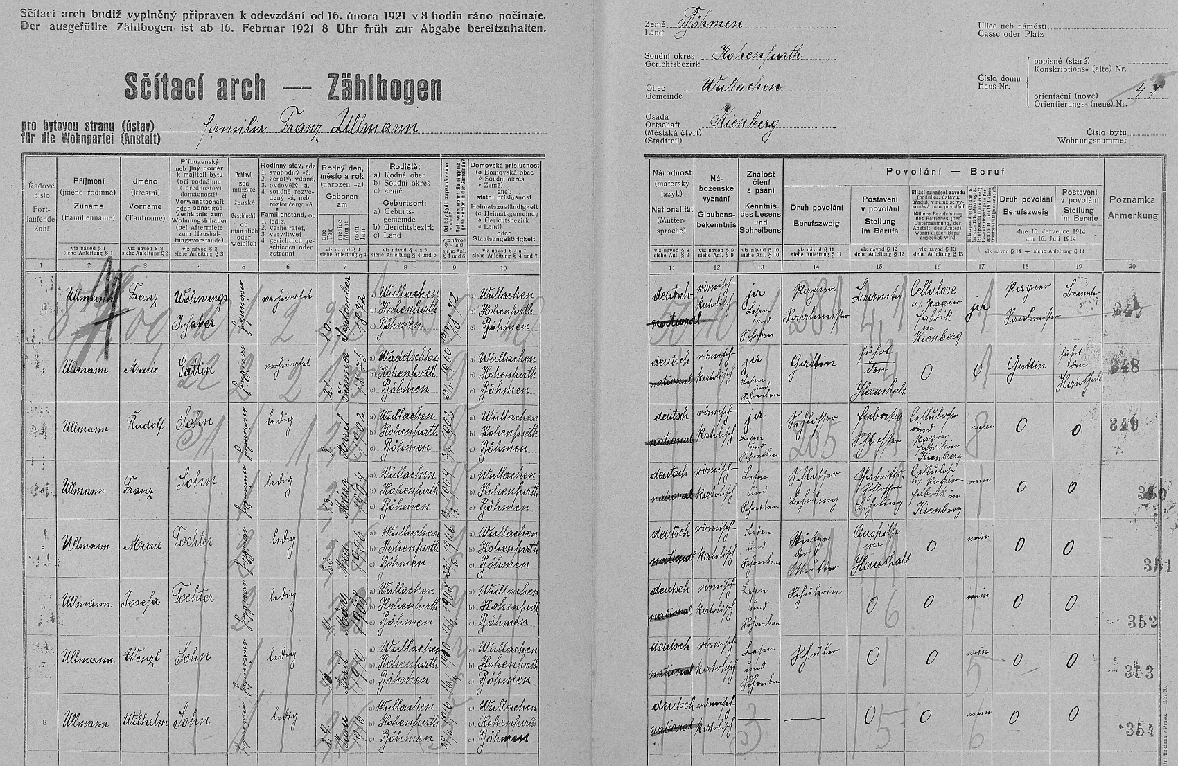 Arch sčítání lidu z roku 1921 pro jeden z bytů v loučovickém domě čp 47 (s domem čp. 47 tvořil společnou jednotku)