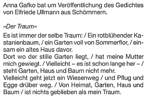 Takto vyhlíželo výslovné přání Anny Gafko o zveřejnění básně Elfriede Ullmannové
ze Všeměr (česky se té vsi říkalo také Zvoz či Zvoza)