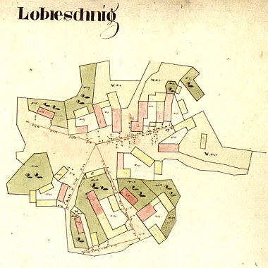 Zaniklé Lověšice, ke kterým Všeměry náležely, na leteckém snímku z roku 1947 a na indikační skice z roku 1826