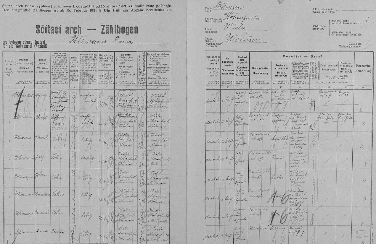 Arch sčítání lidu z roku 1921 pro statek čp. 1 ve Vojtíně, kde tehdy hospodařil děd Franz Ullmann "starší", mezi jehož dětmi tu vidíme i syna Josefa, otce Franze "mladšího"