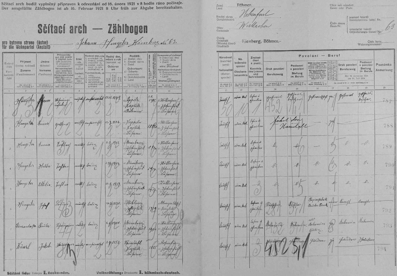 Arch ze sčítání lidu v roce 1921 pro loučovický dům čp. 63, zachycující rodinu Johanna a Anny Hengsterových i s jejich třemi dcerami, z nichž Ottilie byla tou nejmladší