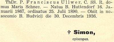 Zpráva o úmrtí Franze Ullwera v diecézním listu českobudějovického biskupství