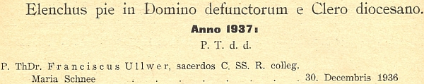 Záznam o úmrtí ThDr. Franze Ullwera v katalogu diecéze pro rok 1938