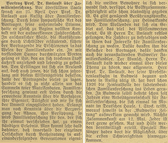 Referát o jeho rodopisné přednášce v Českých Budějovicích dne 25. dubna 1938