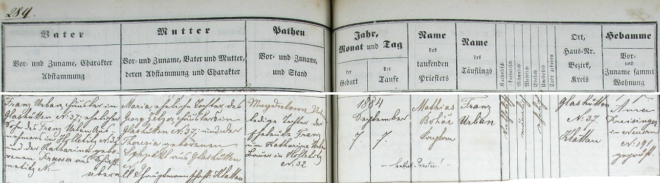 Záznam křestní matriky o jeho narození ve Skelné Huti a nýrském křtu kaplanem Mathiasem Boháčem - otec novorozence Franz Urban, chalupník ve
Skelné Huti čp. 37, rodném stavení chlapcově, byl synem výměnkáře Franze Urbana z Hodousic (Holletitz) čp. 32 a Kathariny, roz. Prasserové ze Žíznětic (Schießnetitz), novorozencova matka Maria byla pak dcerou chalupníka ve Skelné Huti čp. 37 Georga Zelzera a Theresie, roz. Späklové rovněž ze Skelné Huti