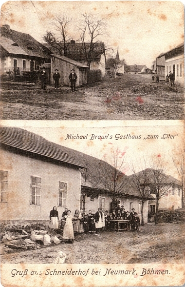 Stará pohlednice z rodné vsi Schneiderhof, česky Mysliv
