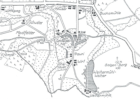 Na výřezu plánku rodné obce, který nakreslil její bratr Josef, je mlýn Weihermühle vpravo dole