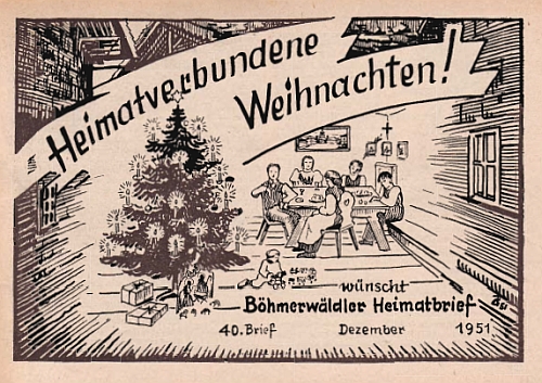 Dojemně naivní titulní list vánočního čísla listu Böhmerwäldler Heimatbrief, v němž vyšla Urmannova vzpomínka "ze sklářského života"