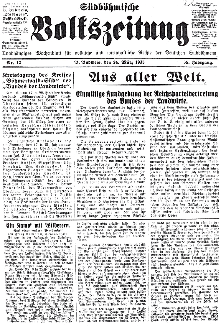 Titulní strana českobudějovického německého listu, kde vyšel jeho text