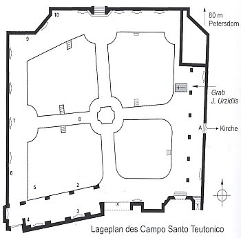 Plánek hřbitova Campo Santo Teutonico, necelých sto metrů od svatopetrského dómu