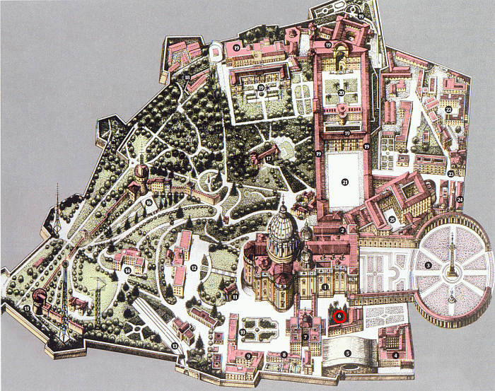 Campo Santo Teutonico má na tomto plánku Vatikánu číslo 6, abychom snáze trefili k Urzidilovu hrobu