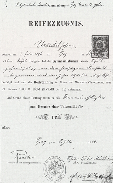 Na maturitním vysvědčení z roku 1914 je psáno jeho jméno Uržidil a vidíme dole i podpis filologa Aloise Rzacha, který byl tchánem Augusta Sauera, jako předsedy zkušební komise