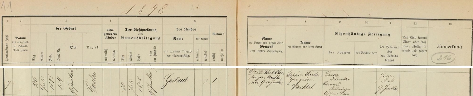 Podle tohoto záznamu v židovské matrice města Golčův Jeníkov se tu narodila dne 20. července roku 1898 v domě čp. 159 a 30. července pak dostala jméno Gertrud - otcem dítěte byl zdejší rabín PhDr. Karl Thieberger, dívčinou matkou pak Sophie, roz. Wachtelová, kmotry dívčinými se stali Lazar Schrecker a Bernard Schlesinger z Golčova Jeníkova, porodní bábou byla Julie Picková také odtud