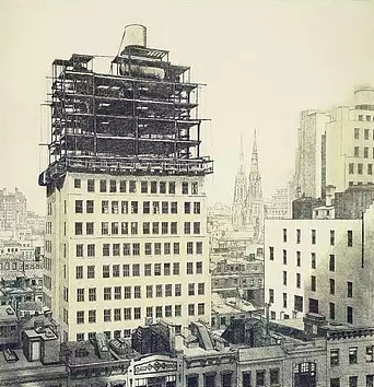 Takto zachytil pražský rodík Emil Orlik (1870-1932) na své grafice roku 1928, kdy jí bylo 30 let a netušila ještě nic o své americké budoucnosti, stavbu jednoho z newyorských mrakodrapů
