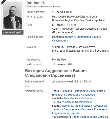 Na těchto genealogických stránkách je titulován jako poradce ruské "zahraniční cenzury" (!) a je k dispozici i rozrod jeho ruské manželky Viktorie Andrianovny, roz. Stefanovičové