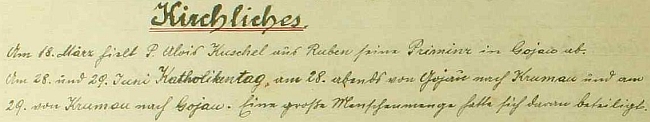 Dva zápisy v kronice, které se týkají dalších osobností zastoupených na stránkách Kohoutího kříže: přednáška Friedricha Blumentritta v únoru 1933 a primice Aloise Kuschela v březnu 1934