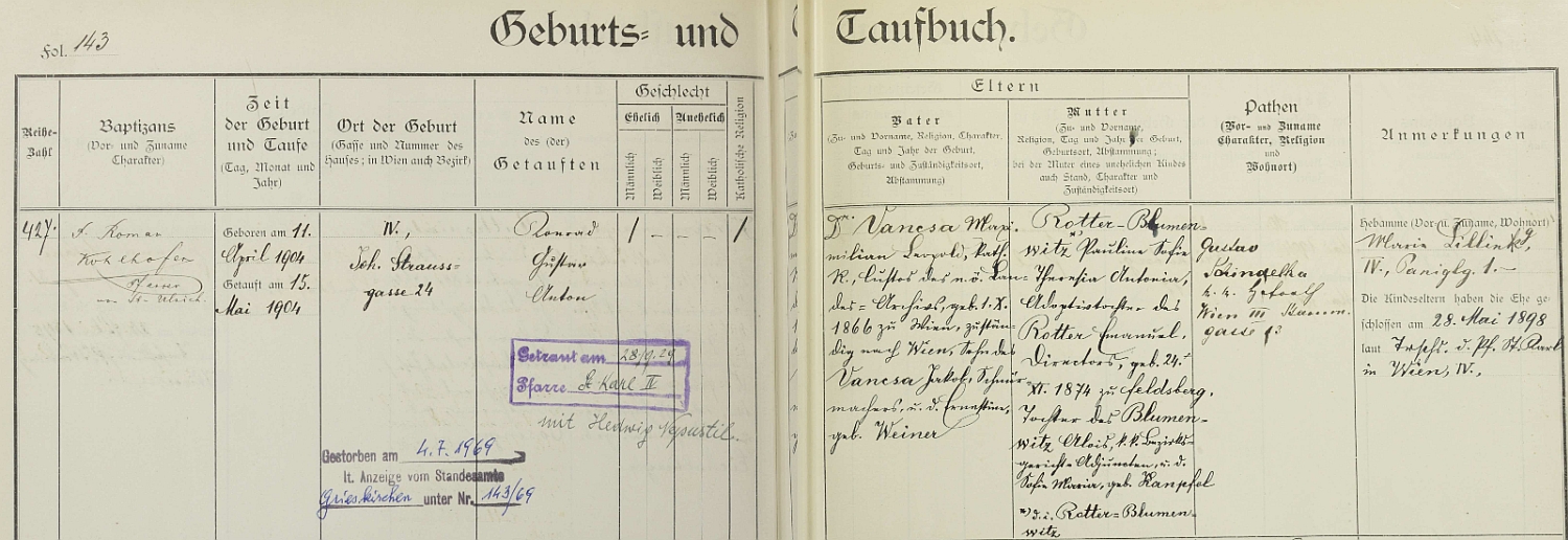 Záznam o jeho narození v křestní matrice vídeňské farnosti při kostele sv. Floriána (Matzleinsdorf) s přípisy o svatbě a úmrtí