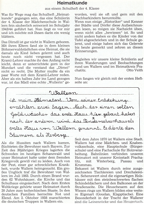 Jeho text s ukázkou ze školního sešitu jedné žákyně 4. třídy dívčí školy ve Volarech ze školního roku 1943/1944