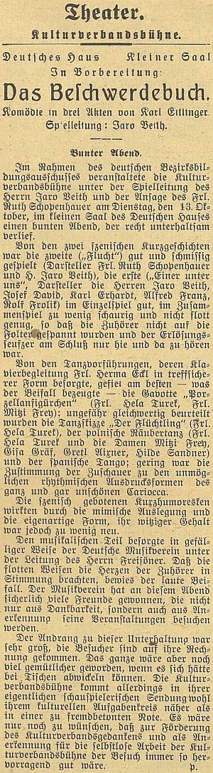 Zpráva českobudějovického německého listu o divadelní hře, na níž se podílel spolu s Ruth Schopenhauerovou