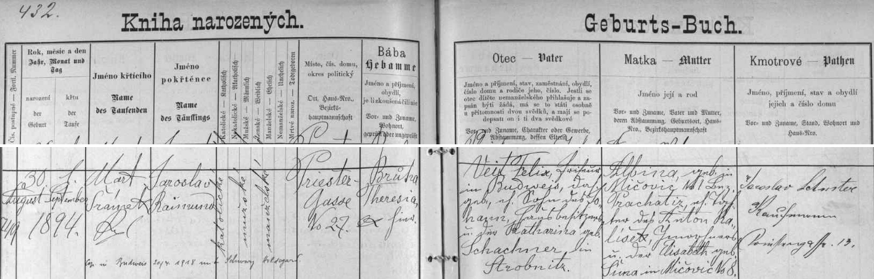Německy psaný záznam o jeho narození a křtu jménem "Jaroslav Raimund Veit" (kmotrem byl obchodník v Kněžské ulici čp. 13 Jaroslav Schuster) s pozdějším přípisem o svatbě roku 1918