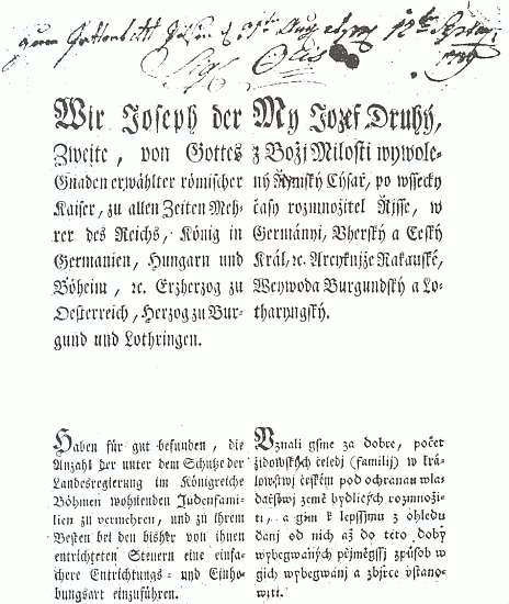 Úvodní strana tzv. "židovského patentu" císaře Josefa II. z roku 1789, kdy byly malému Veithovi dva roky