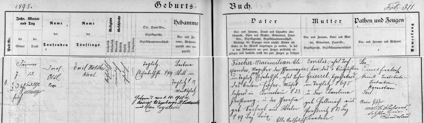Záznam o jeho narození v teplické křestní matrice