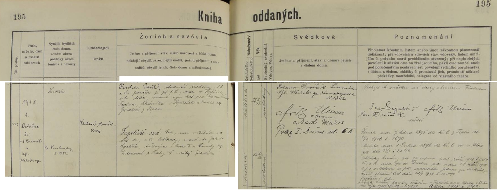 Záznam o svatbě v knize oddaných při kostel sv. Ludmily na pražských Vinohradech