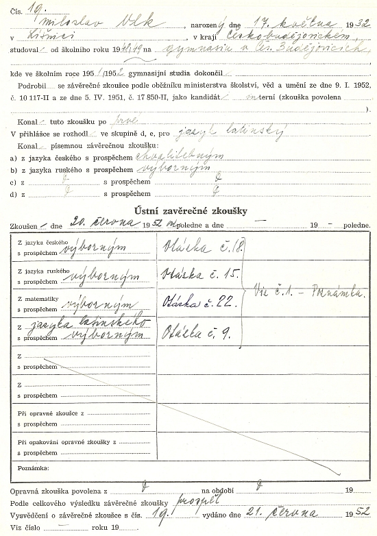 Záznam o jeho maturitní zkoušce na českobudějovickém Jirsíkově gymnáziu v roce 1952 ve školní dokumentaci