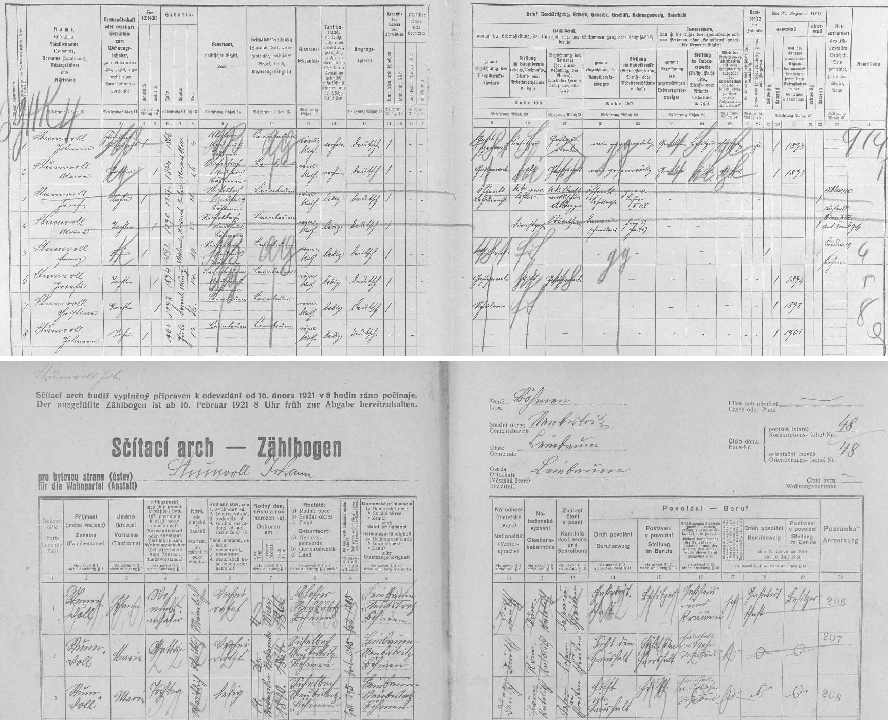 Archy sčítání lidu z let 1910 a 1921 pro stavení čp. 48 v Klenové (Leinbaum) s rodinou Stumvollovou