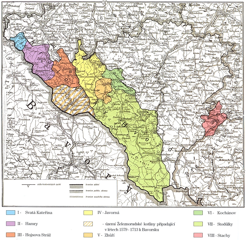 Území Královského hvozdu podle stavu z roku 1613, kdy (ještě i sto let potom) Železnorudská kotlina patřila k Bavorsku - barevně odlišeny jsou jednotlivé královácké rychty